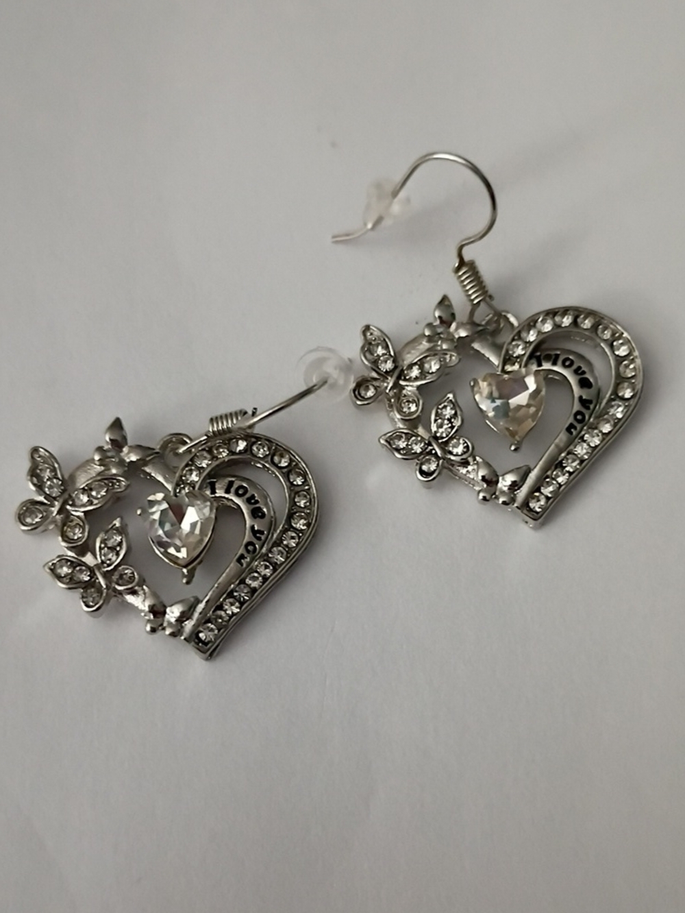 Silver Crystal Heart Drop Earrings with Butterfly Accents